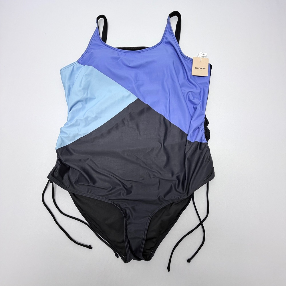 BloomChic Plus Size 22-24 One Piece Swimsuit Colorblock Blue Black Ruched NWT